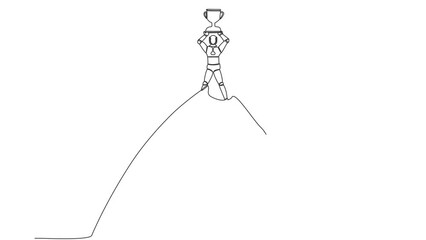Poster - Self drawing animation of single one line draw robot lifting up trophy on top of high mountain. Success, goal, achievement. Future technology. Machine learning. Continuous line. Full length animated