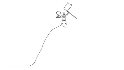 Poster - Animated self drawing of continuous line draw robot lifting up trophy flag on top of mountain. Winner, reaching goal. Robot artificial intelligence. Technology industry. Full length one line animation