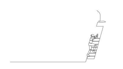 Poster - Self drawing animation of single line draw robot climb ladder to get trophy. Motivation to success. Future technology. Artificial intelligence learning process. Continuous line. Full length animated