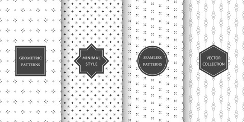 Set of seamless geometric patterns in dark gray and white. Minimal, modern, and elegant patterns with small geometric elements.