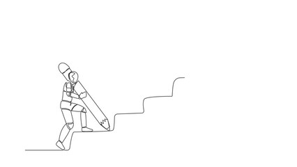 Wall Mural - Animated self drawing of continuous line draw of robot using pencil to draw stairs and walk climbing up to reach trophy. Robotic artificial intelligence. Technology. Full length one line animation