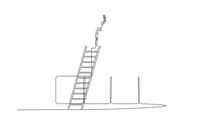 Poster - Self drawing animation of single line draw astronaut climb ladder standing with fist up gesture on graphic bar beside trophy. Celebrate success space exploration. Continuous line. Full length animated