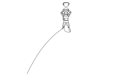 Poster - Self drawing animation of single line draw astronaut lifting up trophy on top high mountain. Success goal in space wormhole research. Cosmic galaxy space. Continuous line draw. Full length animated