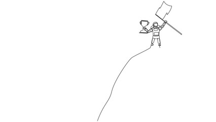 Poster - Self drawing animation of single line draw astronaut lifting up trophy flag on top of mountain. Win reach goal in spaceship industry. Cosmic galaxy space. Continuous line draw. Full length animated