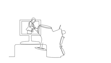 Poster - Self drawing animation of single line draw astronaut get trophy from person on monitor screen. Award in interstellar expedition competition. Cosmic galaxy. Continuous line draw. Full length animated