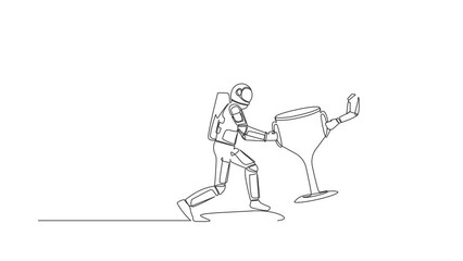 Poster - Animated self drawing of continuous line draw male giving trophy to astronaut from monitor screen. Winning achievement in spaceship competition. Cosmonaut deep space. Full length one line animation