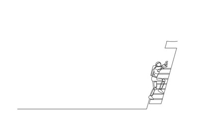 Poster - Self drawing animation of single line draw astronaut climb ladder to get trophy. Motivation to success in starship galactic expedition. Cosmic galaxy space. Continuous line draw. Full length animated
