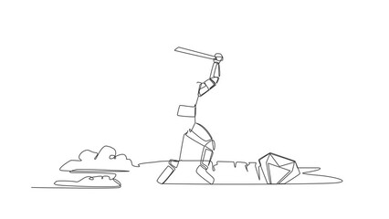 Poster - Animated self drawing of continuous line draw young astronaut in moon hole prancing while lifting pickaxe with hands. Spaceman mining for diamond. Cosmonaut deep space. Full length one line animation