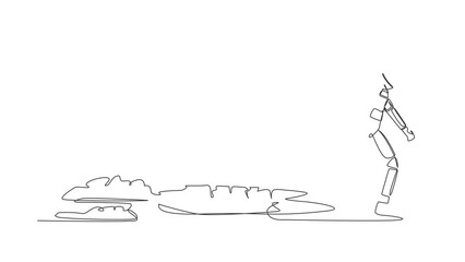 Poster - Animated self drawing of continuous line draw astronaut walking unsteadily leaving hole dug and dragging shovel. Gave up in moon exploration. Cosmonaut outer space. Full length single line animation