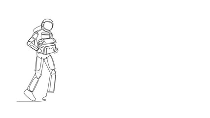 Poster - Self drawing animation of single line draw astronaut hold treasure chest in moon ground. Spaceman walking to digging hole with treasure box. Cosmic galaxy space. Continuous line. Full length animated