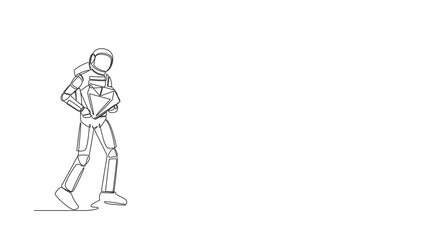 Poster - Animated self drawing of continuous line draw astronaut walking holding big diamond to digging hole in moon surface. Successful space expedition. Cosmonaut deep space. Full length one line animation