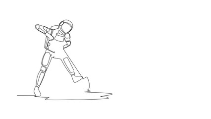 Poster - Self drawing animation of single line draw astronaut digging ground with spade in moon surface. Hard working process in spaceship expedition. Cosmic galaxy space. Continuous line. Full length animated