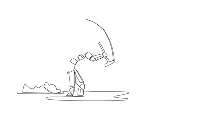 Poster - Animated self drawing of continuous line draw of young astronaut digging in dirt using shovel in moon surface. Treasure digging, growth wealth. Cosmonaut outer space. Full length single line animation