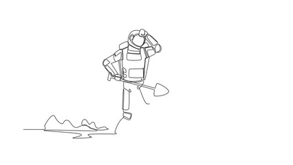 Poster - Animated self drawing of continuous line draw astronaut carrying chest treasure in moon ground. Spaceman finding gem box artefact. Gold hunting. Cosmonaut deep space. Full length one line animation