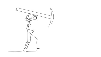 Poster - Animated self drawing of continuous line draw astronaut standing and lifting big pickaxe. Depicts hard work and achievement, in galactic discovery. Cosmonaut deep space. Full length one line animation
