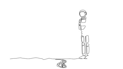 Poster - Animated self drawing of continuous line draw of astronaut with metal detector looking for pile of diamonds. Spaceman hunter finding precious stone. Cosmonaut space. Full length single line animation