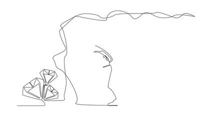 Poster - Animated self drawing of single continuous line draw of young astronaut digging with pickaxe in moon underground tunnel to get diamond. Cosmonaut deep space concept. Full length one line animation