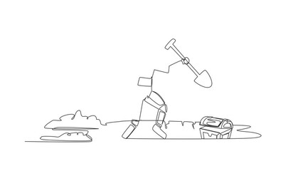 Poster - self drawing animation of single line draw astronaut standing and holding shovel on dug ground. happ
