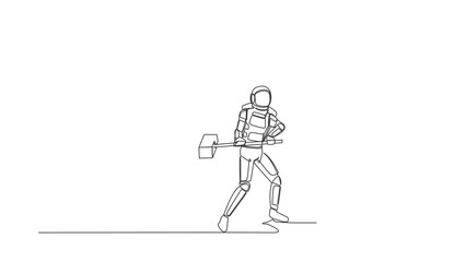 Poster - Animated self drawing of continuous line draw astronaut breaks hitting wall with hammer. Achievement way for success space expedition project. Cosmonaut outer space. Full length single line animation