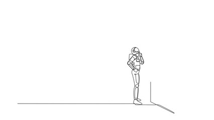 Poster - animated self drawing of continuous line draw astronaut thinking in front of big obstacle or wall in
