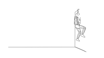 Poster - Animated self drawing of continuous line draw astronaut climbing obstacle wall in moon surface. Solve expedition problem. Future tech development. Cosmonaut deep space. Full length one line animation