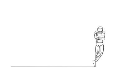 Poster - Animated self drawing of continuous line draw astronaut standing and leaning against wall in moon surface. Thinking about space exploration. Cosmonaut outer space. Full length single line animation