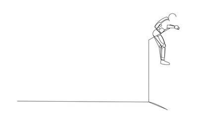 Poster - Self drawing animation of single line draw astronaut overcame wall obstacles that blocked him and conquered adversity in space exploration. Cosmic galaxy space. Continuous line. Full length animated