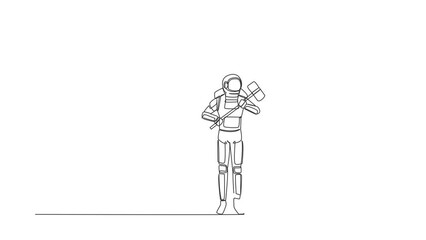 Poster - Self drawing animation of single line draw astronaut standing and holding big hammer while facing wall in moon. Space company development. Cosmic galaxy space. Continuous line. Full length animated