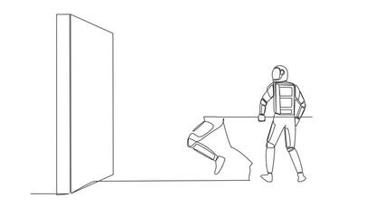 Poster - animated self drawing of continuous line draw astronaut holding large log together to destroying wal
