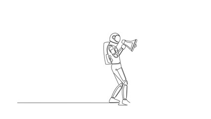 Poster - Self drawing animation of single line draw of astronaut holding megaphone, standing and shouts in front of wall in moon surface. Cosmic galaxy space concept. Continuous line draw. Full length animated
