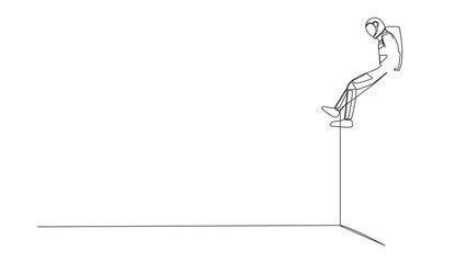 Poster - Animated self drawing of continuous line draw astronaut sitting on wall thinking of loss in space company due to financial or economic crisis. Cosmonaut deep space. Full length one line animation