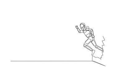 Poster - Animated self drawing of continuous line draw astronaut run and breaking through brick wall in moon surface. Future spaceship tech development. Cosmonaut deep space. Full length one line animation