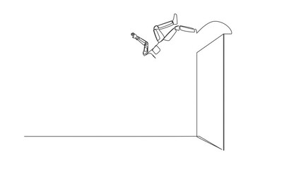 Poster - Animated self drawing of continuous line draw astronaut jumping over brick wall with acrobatic style. Successful in interstellar expedition. Cosmonaut outer space. Full length single line animation