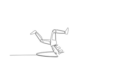 Poster - Animated self drawing of continuous line draw astronaut falling into deep hole. Protruding legs from hatch. Failure in spaceship expedition. Cosmonaut outer space. Full length single line animation