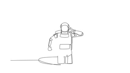 Poster - Self drawing animation of single line draw confused young astronaut emerges from hole. Depressed and spaceship business failure concept. Cosmic galaxy space. Continuous line draw. Full length animated