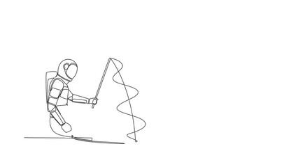 Poster - Self drawing animation of single line draw astronaut holding fishing rod from hole. Space business investment. Make money from idea. Cosmic galaxy space concept. Continuous line. Full length animated