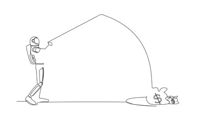Poster - Self drawing animation of single line draw astronaut holding fishing rod got big money bag from hole. Spaceman catching money bag with fishing rod. Cosmic space. Continuous line. Full length animated