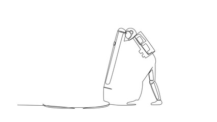 Poster - Animated self drawing of continuous line draw astronaut making circle of holes with large pencil. Spaceship business cheating with making hole trap. Cosmonaut space. Full length one line animation