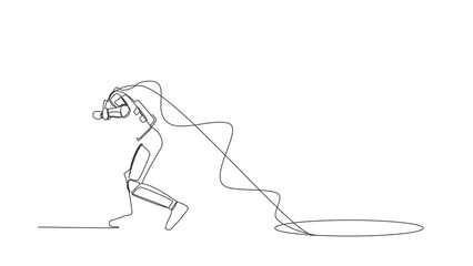 Poster - Animated self drawing of continuous line draw astronaut trying hard pulling rope to drag something from hole, facing space exploration problem. Cosmonaut outer space. Full length single line animation