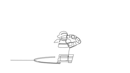 Poster - Animated self drawing of continuous line draw astronaut climb out of hole by ladder, using binocular. Spaceship business vision and solution. Cosmonaut outer space. Full length single line animation