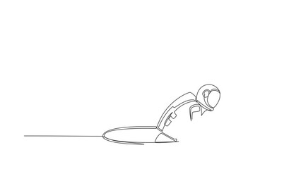 Poster - Animated self drawing of continuous line draw astronaut trying to get out of from hole, metaphor to facing problem. Spaceship business struggles. Cosmonaut deep space. Full length one line animation