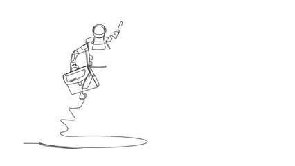 Poster - Self drawing animation of single one line draw flying astronaut with briefcase coming out of holes. Spaceman lead financial rising. Business growth. Space. Continuous line draw. Full length animated