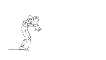 Poster - Self drawing animation of single line draw of astronaut scream into pit hole with megaphone. Spaceman wondering and looking at big hole. Cosmic galaxy space. Continuous line draw. Full length animated
