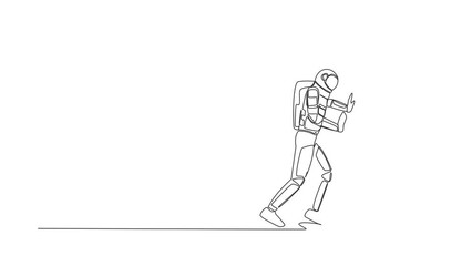 Poster - Animated self drawing of continuous line draw astronaut pushes closed door on wooden door frame. Metaphor to facing problem. Space exploration. Cosmonaut outer space. Full length single line animation