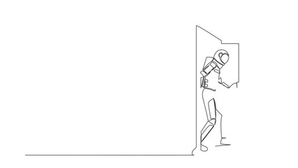 Poster - Animated self drawing of continuous line draw astronaut walking through an open door frame in moon surface. New space interstellar expedition. Cosmonaut outer space. Full length single line animation