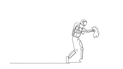 Poster - Animated self drawing of continuous line draw astronaut punching, destroying door. Depicts eliminating barrier of entries, overcome challenges. Cosmonaut outer space. Full length single line animation