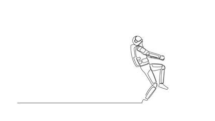 Poster - Self drawing animation of single line draw astronaut pulling closed door knob with power, metaphor to facing problem. Space exploration struggle. Cosmic galaxy. Continuous line. Full length animated