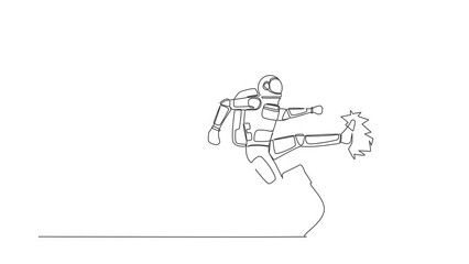 Poster - Animated self drawing of continuous line draw young astronaut kicks the door with flying kick until door shattered. Spaceman kicking locked door. Cosmonaut deep space. Full length one line animation