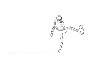 Poster - Self drawing animation of single line draw astronaut kicks door until door shattered in moon surface. Spaceman kicking locked door, destroy. Cosmic galaxy space. Continuous line. Full length animated