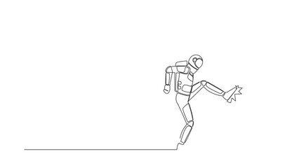 Poster - Animated self drawing of continuous line draw astronaut kicks door closed with leg. Aggressive space business approach. Expedition struggles. Cosmonaut outer space. Full length single line animation